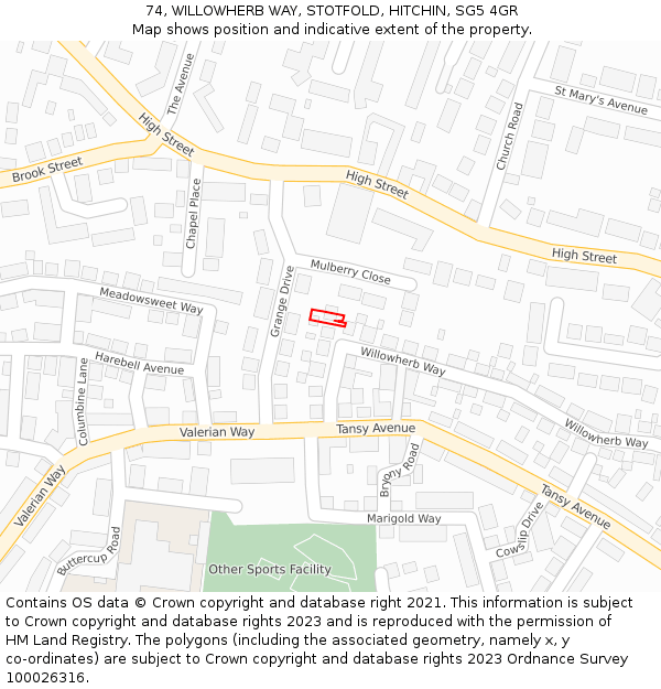 74, WILLOWHERB WAY, STOTFOLD, HITCHIN, SG5 4GR: Location map and indicative extent of plot