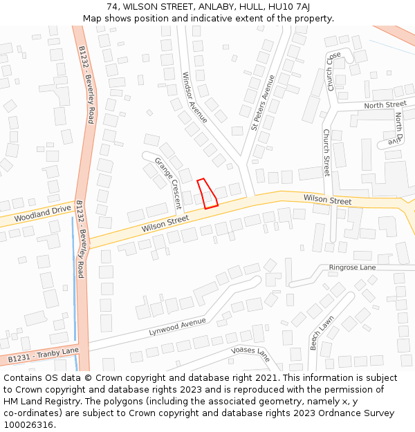 74, WILSON STREET, ANLABY, HULL, HU10 7AJ: Location map and indicative extent of plot