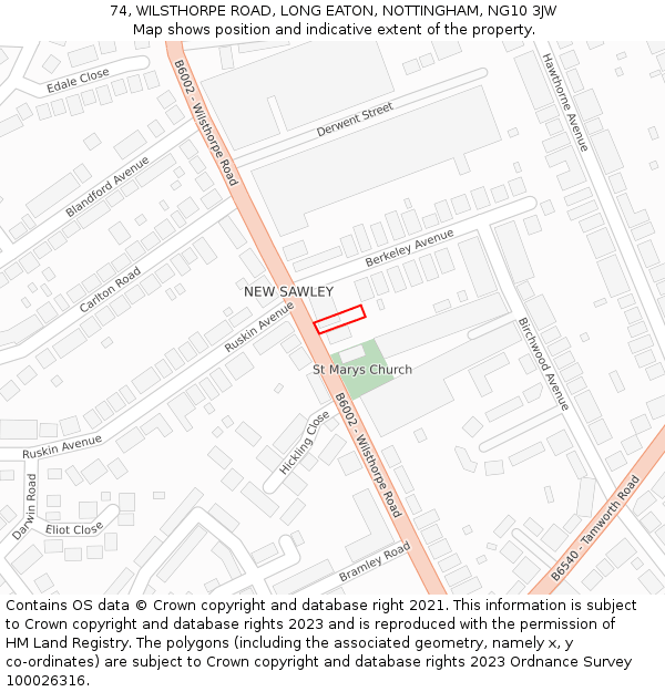 74, WILSTHORPE ROAD, LONG EATON, NOTTINGHAM, NG10 3JW: Location map and indicative extent of plot