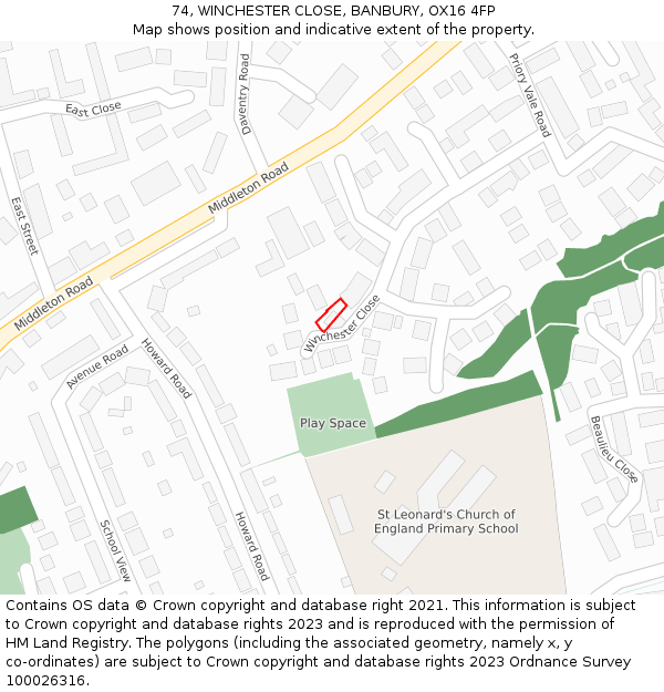 74, WINCHESTER CLOSE, BANBURY, OX16 4FP: Location map and indicative extent of plot