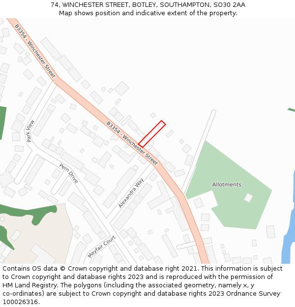74, WINCHESTER STREET, BOTLEY, SOUTHAMPTON, SO30 2AA: Location map and indicative extent of plot