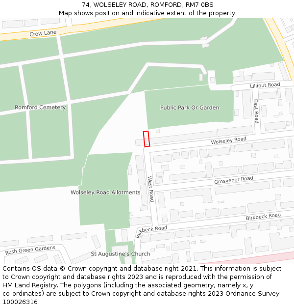 74, WOLSELEY ROAD, ROMFORD, RM7 0BS: Location map and indicative extent of plot