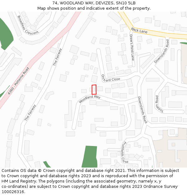 74, WOODLAND WAY, DEVIZES, SN10 5LB: Location map and indicative extent of plot