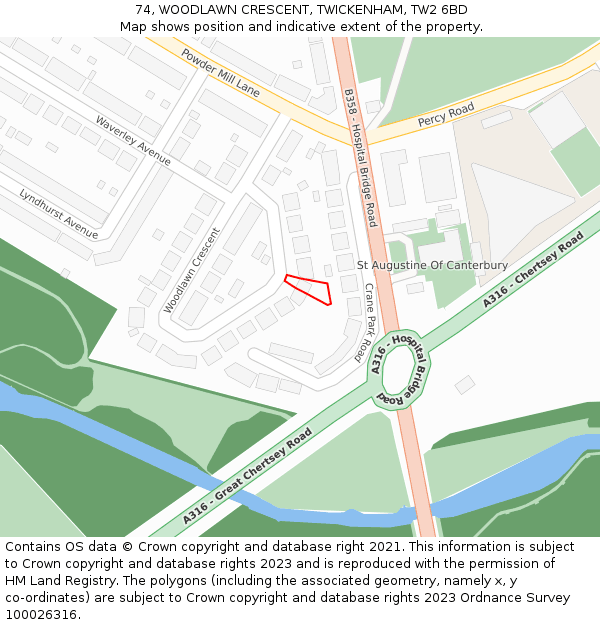 74, WOODLAWN CRESCENT, TWICKENHAM, TW2 6BD: Location map and indicative extent of plot