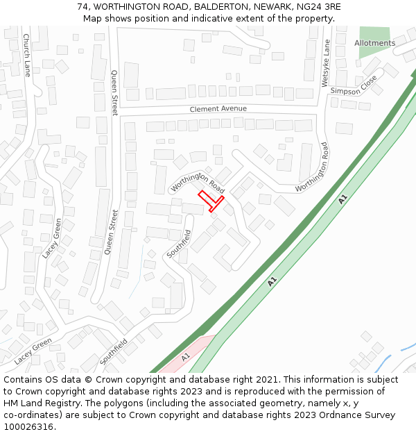 74, WORTHINGTON ROAD, BALDERTON, NEWARK, NG24 3RE: Location map and indicative extent of plot