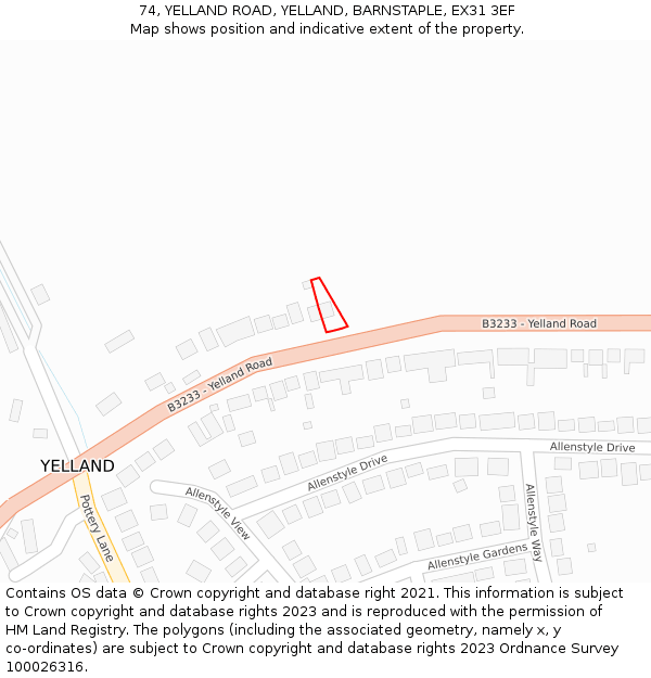 74, YELLAND ROAD, YELLAND, BARNSTAPLE, EX31 3EF: Location map and indicative extent of plot