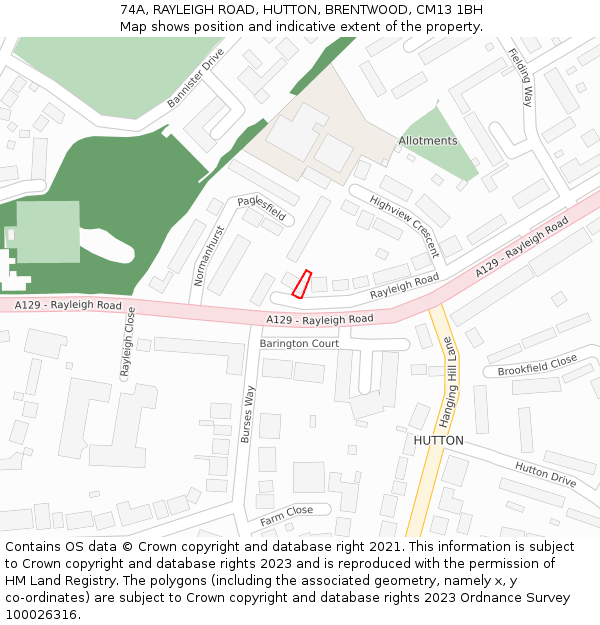 74A, RAYLEIGH ROAD, HUTTON, BRENTWOOD, CM13 1BH: Location map and indicative extent of plot