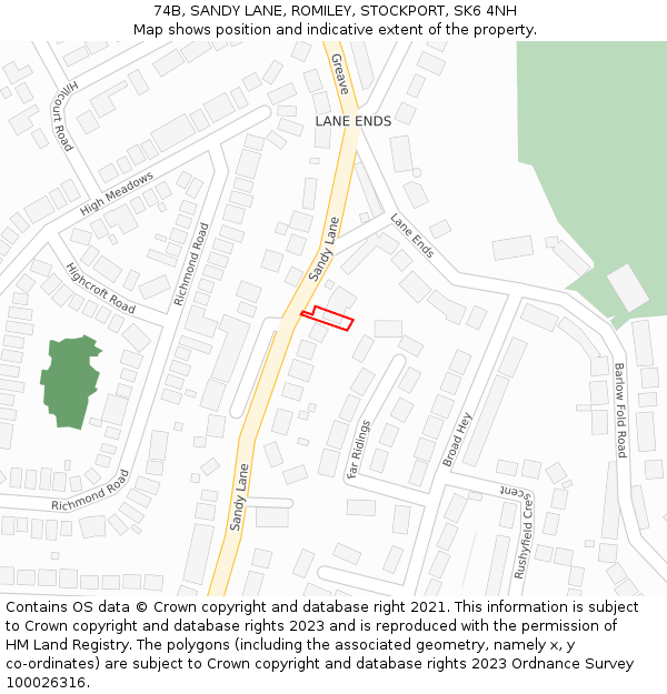 74B, SANDY LANE, ROMILEY, STOCKPORT, SK6 4NH: Location map and indicative extent of plot