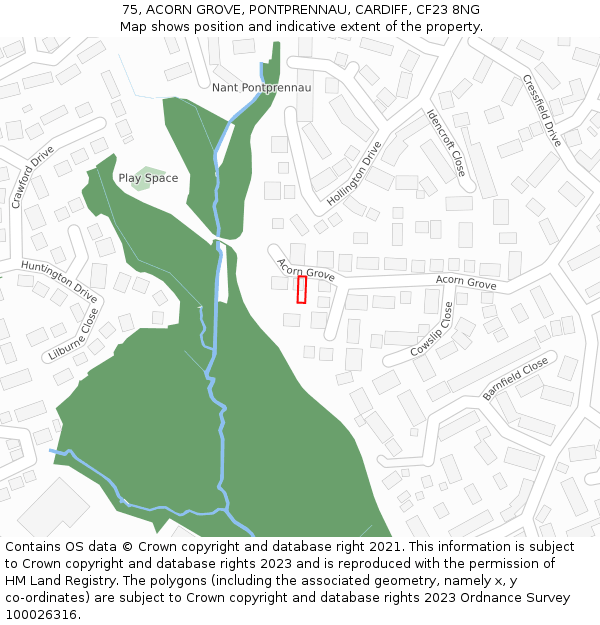 75, ACORN GROVE, PONTPRENNAU, CARDIFF, CF23 8NG: Location map and indicative extent of plot