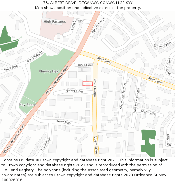 75, ALBERT DRIVE, DEGANWY, CONWY, LL31 9YY: Location map and indicative extent of plot