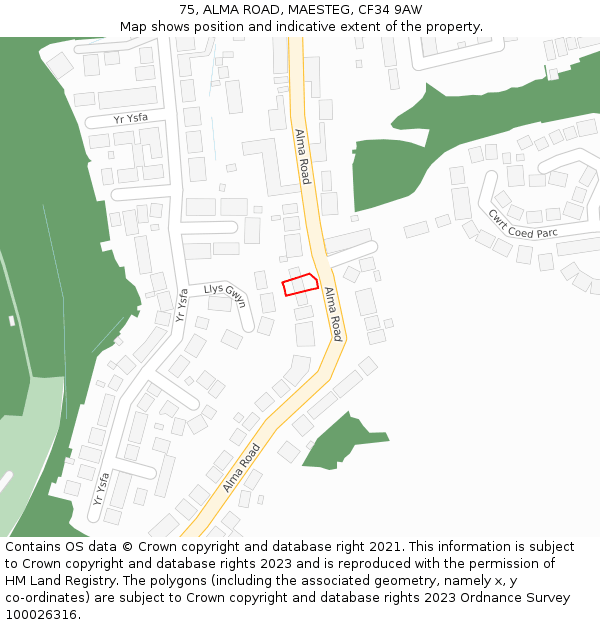 75, ALMA ROAD, MAESTEG, CF34 9AW: Location map and indicative extent of plot