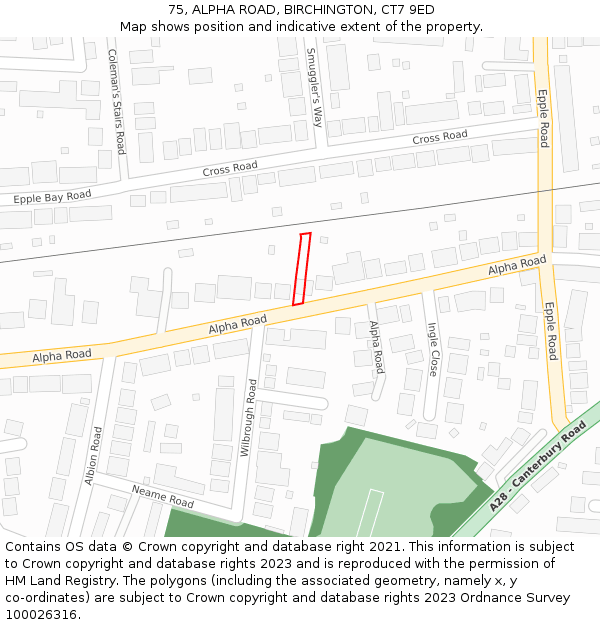 75, ALPHA ROAD, BIRCHINGTON, CT7 9ED: Location map and indicative extent of plot