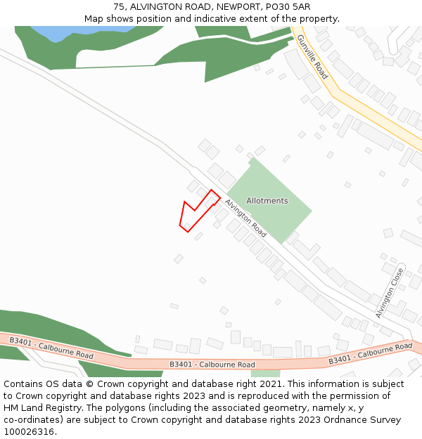 75, ALVINGTON ROAD, NEWPORT, PO30 5AR: Location map and indicative extent of plot