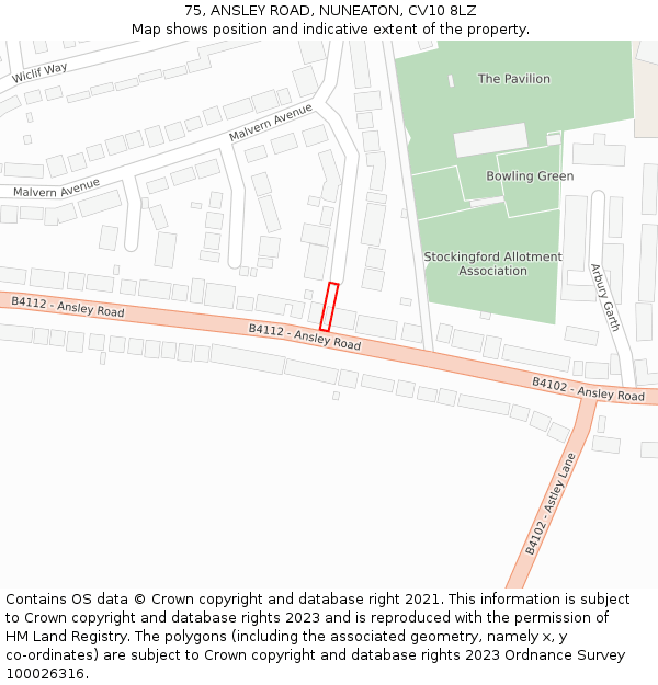 75, ANSLEY ROAD, NUNEATON, CV10 8LZ: Location map and indicative extent of plot