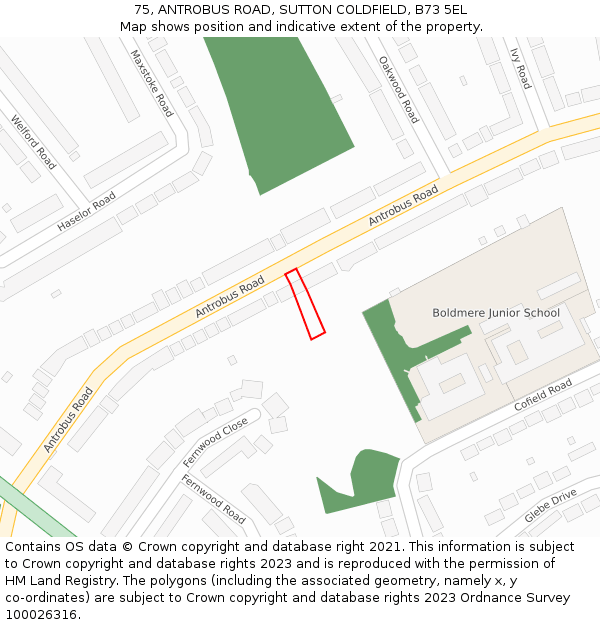 75, ANTROBUS ROAD, SUTTON COLDFIELD, B73 5EL: Location map and indicative extent of plot