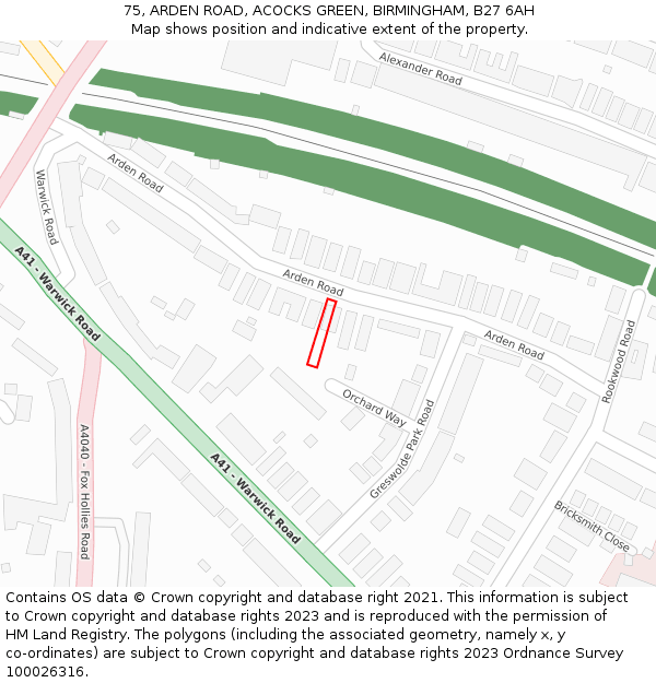 75, ARDEN ROAD, ACOCKS GREEN, BIRMINGHAM, B27 6AH: Location map and indicative extent of plot