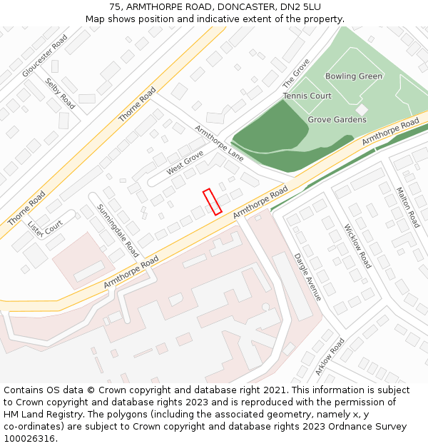 75, ARMTHORPE ROAD, DONCASTER, DN2 5LU: Location map and indicative extent of plot