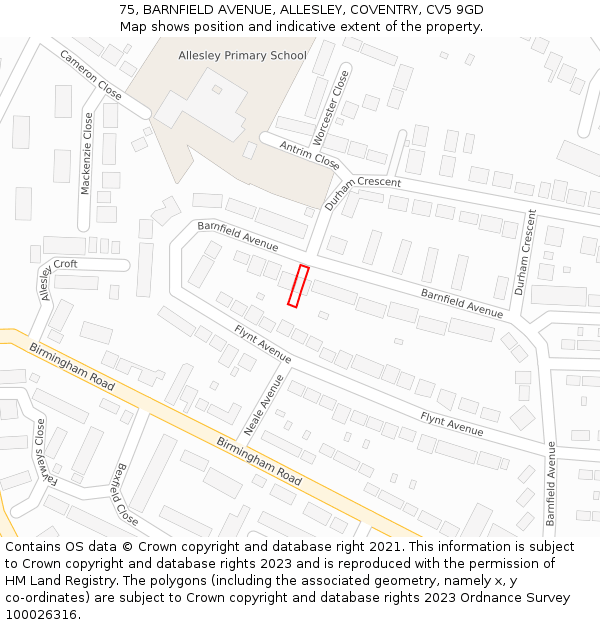 75, BARNFIELD AVENUE, ALLESLEY, COVENTRY, CV5 9GD: Location map and indicative extent of plot