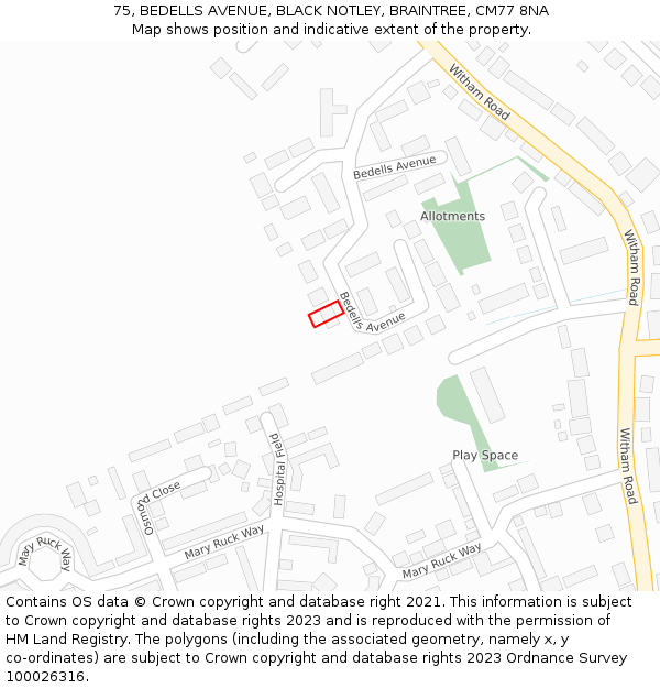 75, BEDELLS AVENUE, BLACK NOTLEY, BRAINTREE, CM77 8NA: Location map and indicative extent of plot