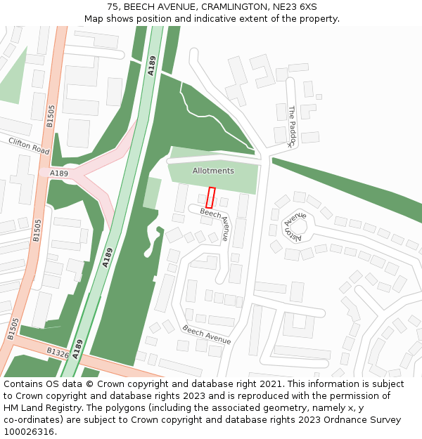 75, BEECH AVENUE, CRAMLINGTON, NE23 6XS: Location map and indicative extent of plot