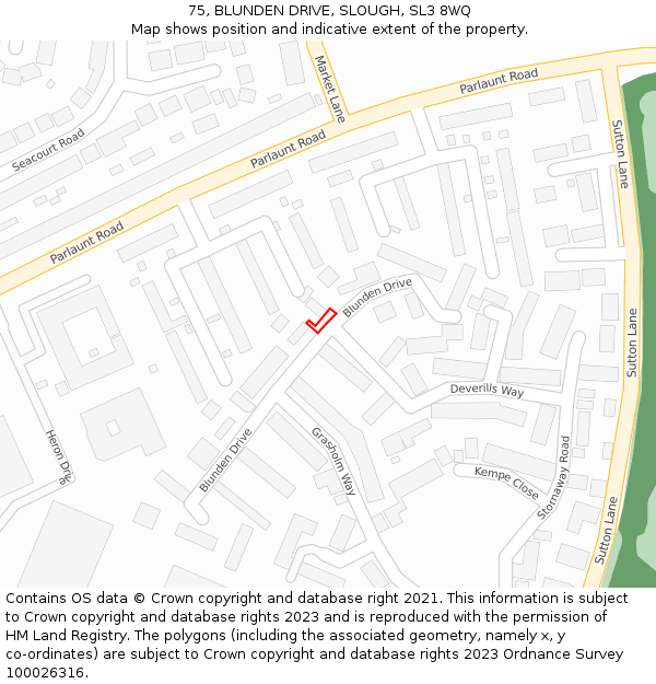 75, BLUNDEN DRIVE, SLOUGH, SL3 8WQ: Location map and indicative extent of plot