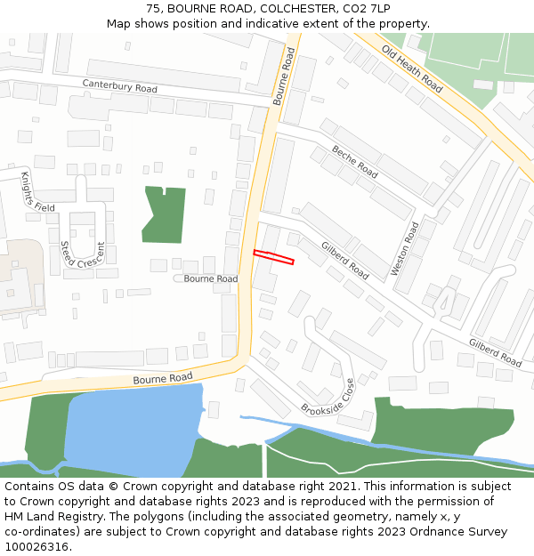 75, BOURNE ROAD, COLCHESTER, CO2 7LP: Location map and indicative extent of plot