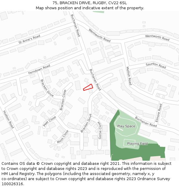 75, BRACKEN DRIVE, RUGBY, CV22 6SL: Location map and indicative extent of plot