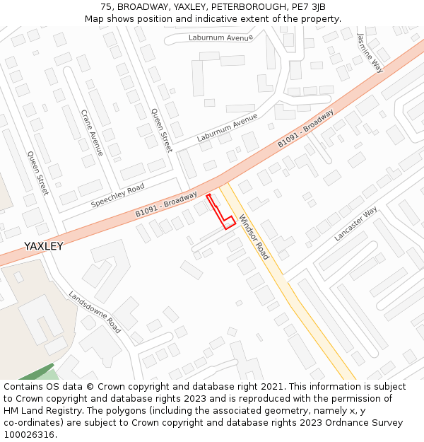 75, BROADWAY, YAXLEY, PETERBOROUGH, PE7 3JB: Location map and indicative extent of plot