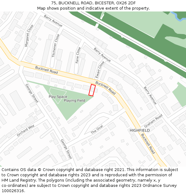 75, BUCKNELL ROAD, BICESTER, OX26 2DF: Location map and indicative extent of plot