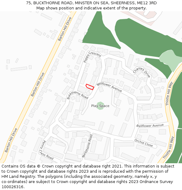75, BUCKTHORNE ROAD, MINSTER ON SEA, SHEERNESS, ME12 3RD: Location map and indicative extent of plot