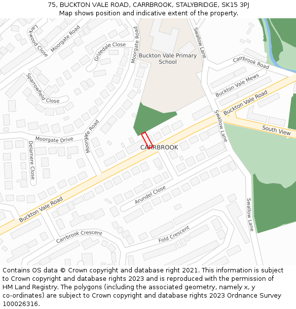 75, BUCKTON VALE ROAD, CARRBROOK, STALYBRIDGE, SK15 3PJ: Location map and indicative extent of plot