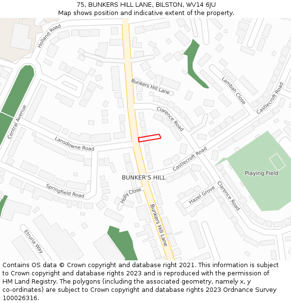 75, BUNKERS HILL LANE, BILSTON, WV14 6JU: Location map and indicative extent of plot