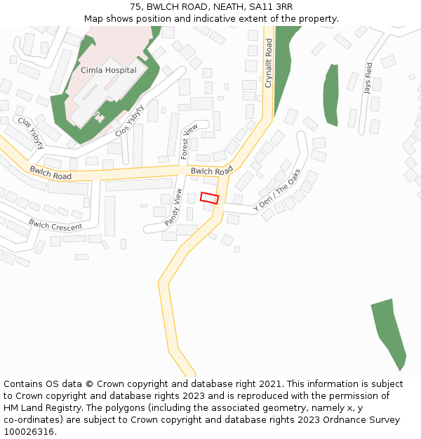 75, BWLCH ROAD, NEATH, SA11 3RR: Location map and indicative extent of plot