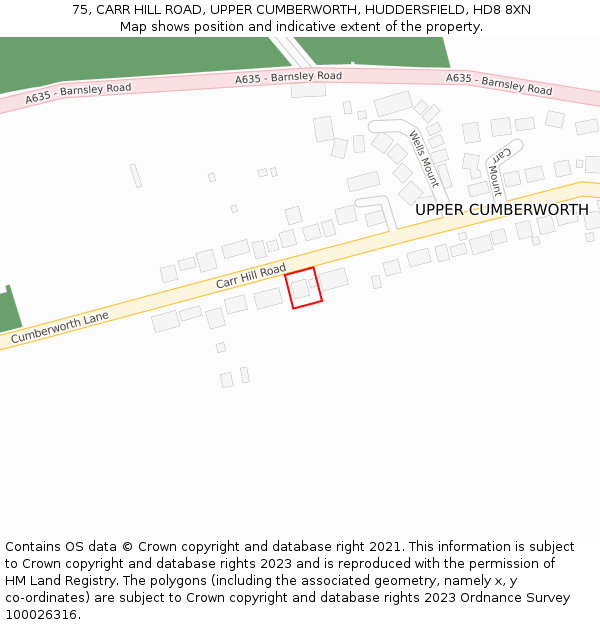 75, CARR HILL ROAD, UPPER CUMBERWORTH, HUDDERSFIELD, HD8 8XN: Location map and indicative extent of plot