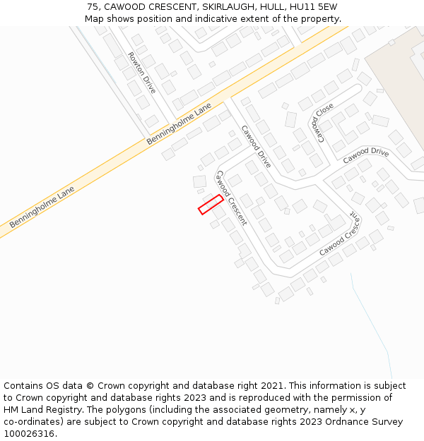 75, CAWOOD CRESCENT, SKIRLAUGH, HULL, HU11 5EW: Location map and indicative extent of plot