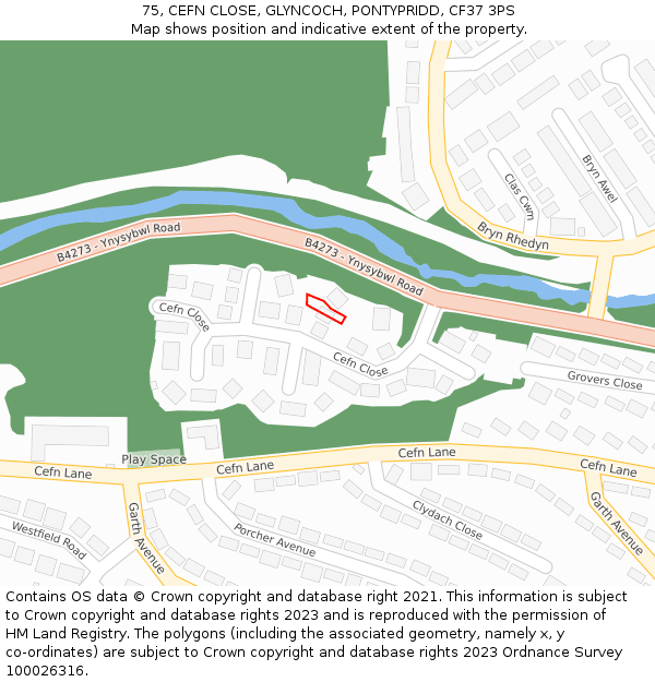 75, CEFN CLOSE, GLYNCOCH, PONTYPRIDD, CF37 3PS: Location map and indicative extent of plot