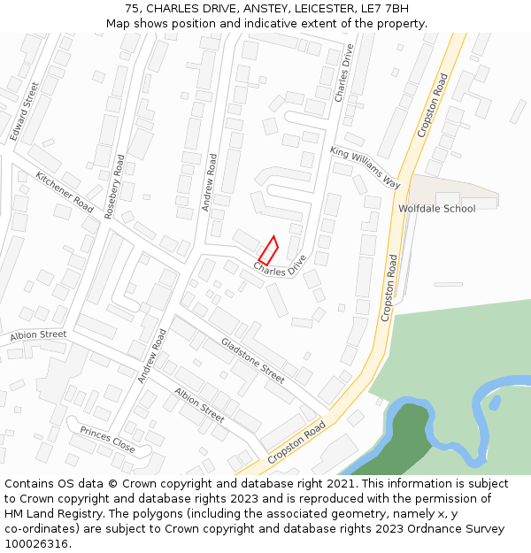 75, CHARLES DRIVE, ANSTEY, LEICESTER, LE7 7BH: Location map and indicative extent of plot