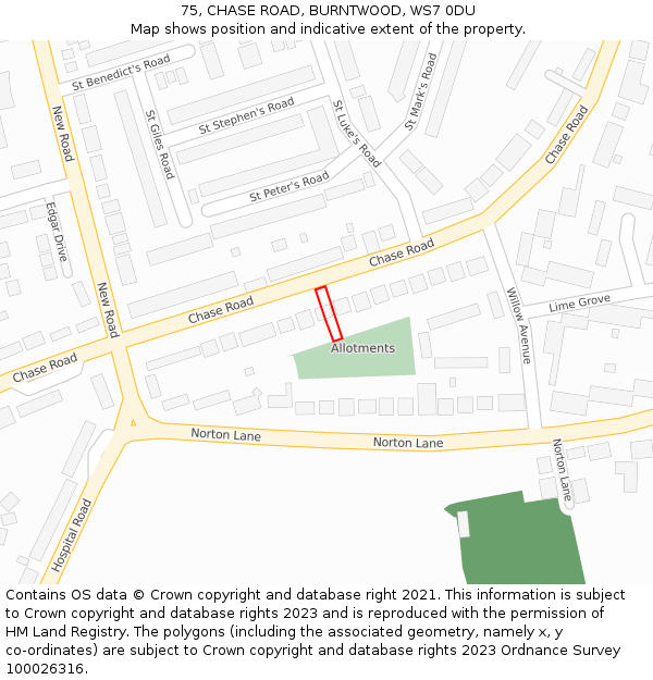 75, CHASE ROAD, BURNTWOOD, WS7 0DU: Location map and indicative extent of plot