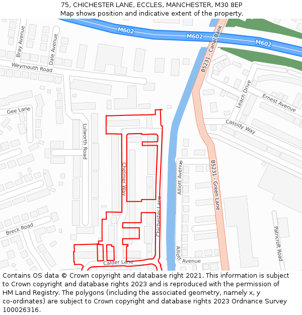 75, CHICHESTER LANE, ECCLES, MANCHESTER, M30 8EP: Location map and indicative extent of plot