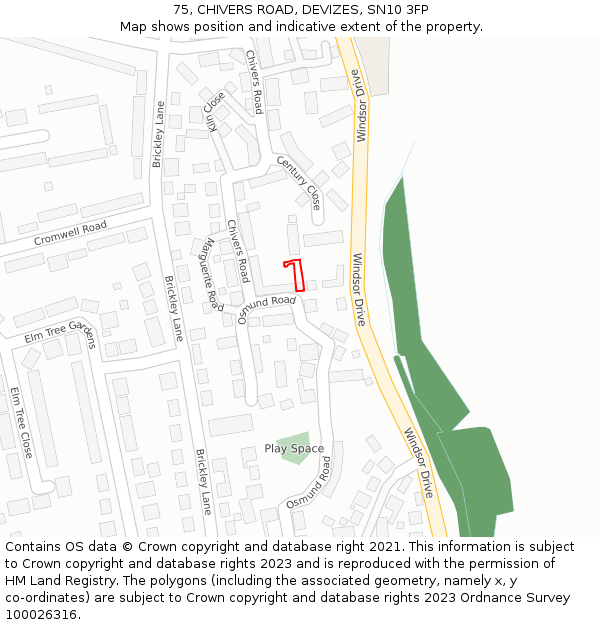 75, CHIVERS ROAD, DEVIZES, SN10 3FP: Location map and indicative extent of plot