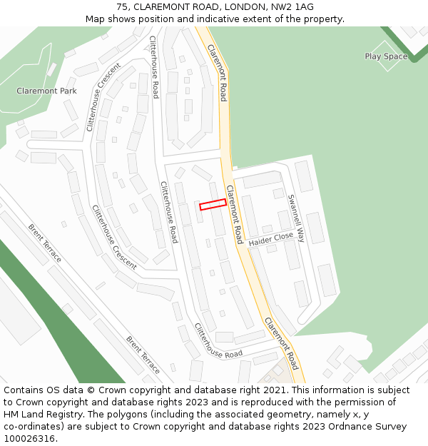 75, CLAREMONT ROAD, LONDON, NW2 1AG: Location map and indicative extent of plot