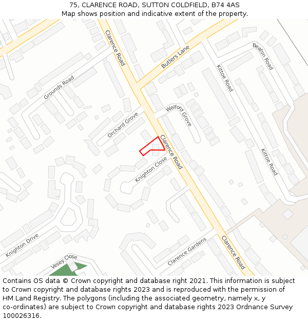 75, CLARENCE ROAD, SUTTON COLDFIELD, B74 4AS: Location map and indicative extent of plot