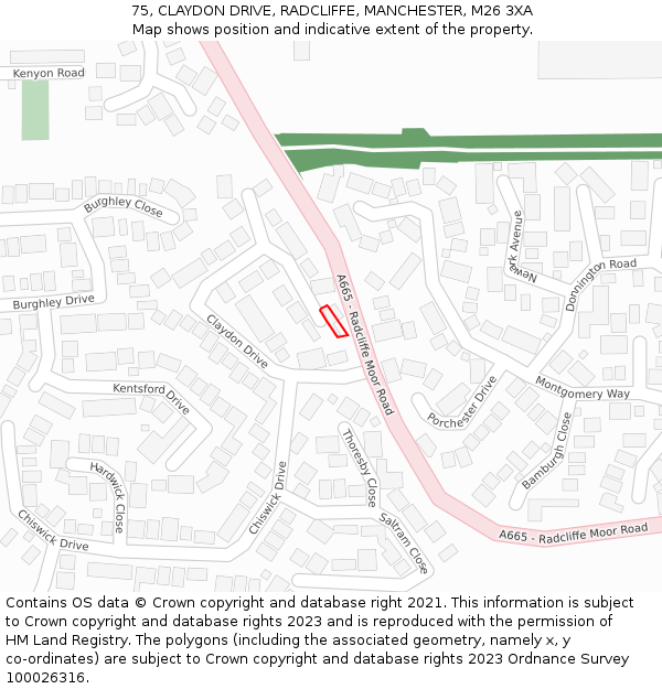 75, CLAYDON DRIVE, RADCLIFFE, MANCHESTER, M26 3XA: Location map and indicative extent of plot