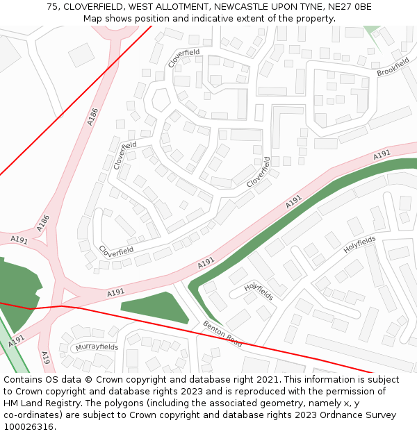 75, CLOVERFIELD, WEST ALLOTMENT, NEWCASTLE UPON TYNE, NE27 0BE: Location map and indicative extent of plot