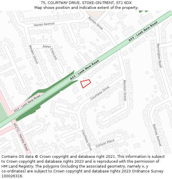 75, COURTWAY DRIVE, STOKE-ON-TRENT, ST1 6DX: Location map and indicative extent of plot