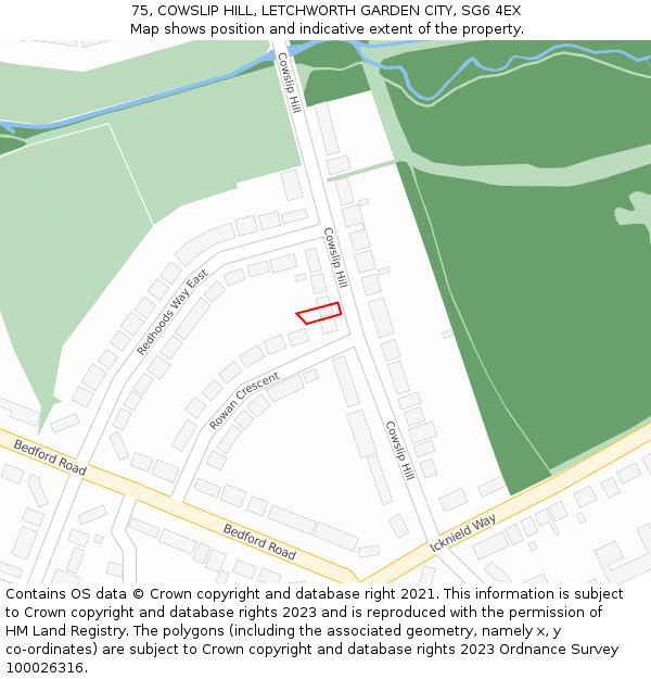 75, COWSLIP HILL, LETCHWORTH GARDEN CITY, SG6 4EX: Location map and indicative extent of plot