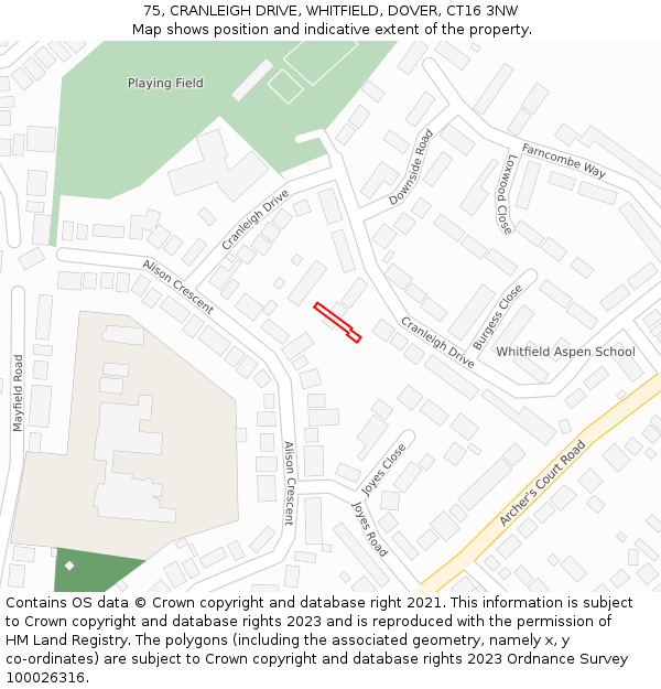 75, CRANLEIGH DRIVE, WHITFIELD, DOVER, CT16 3NW: Location map and indicative extent of plot