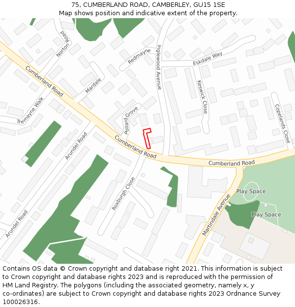 75, CUMBERLAND ROAD, CAMBERLEY, GU15 1SE: Location map and indicative extent of plot