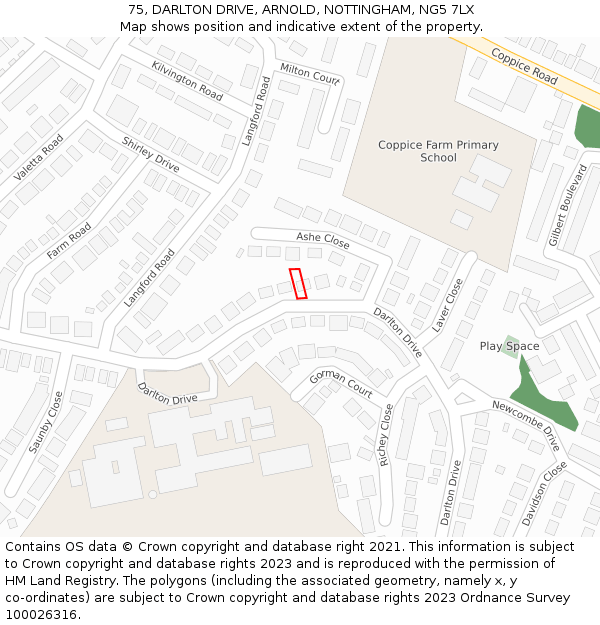 75, DARLTON DRIVE, ARNOLD, NOTTINGHAM, NG5 7LX: Location map and indicative extent of plot