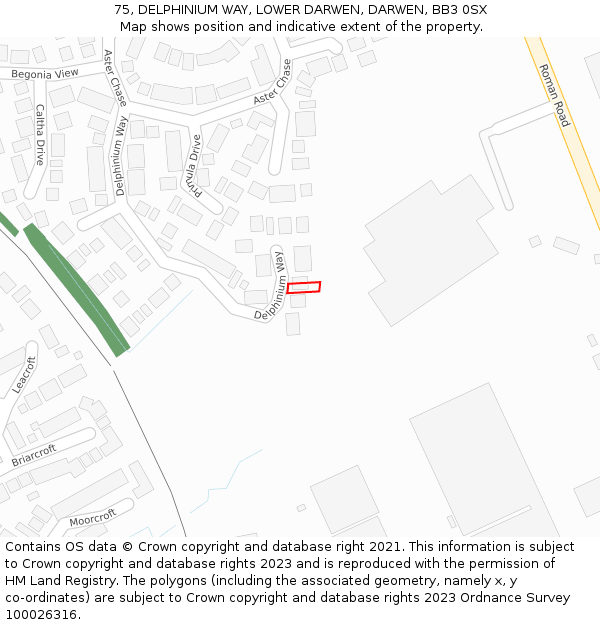 75, DELPHINIUM WAY, LOWER DARWEN, DARWEN, BB3 0SX: Location map and indicative extent of plot